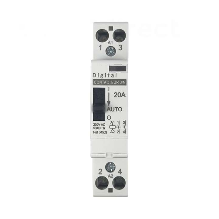 Digital Electric - Contacteur de puissance JOUR/NUIT bipolaire bobine 230V silencieux - 25A - 2F - Réf : 04502