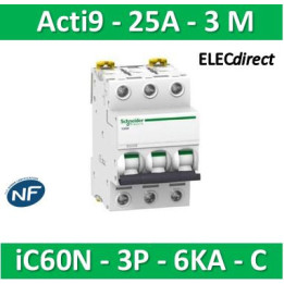 Schneider - Acti9 - iC60N - Disjoncteur - 3P - 25A - 6kA - courbe C - Réf : A9F77325