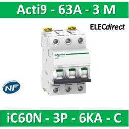 Schneider - Acti9 - iC60N - Disjoncteur - 3P - 63A - 6kA - courbe C - Réf : A9F77363