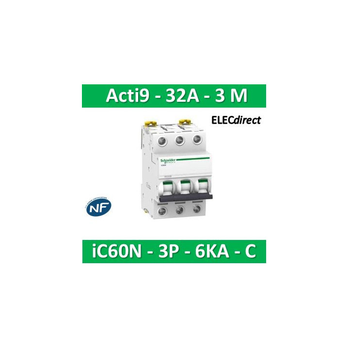 Schneider - Acti9 - iC60N - Disjoncteur - 3P - 32A - 6kA - courbe C - Réf : A9F77332