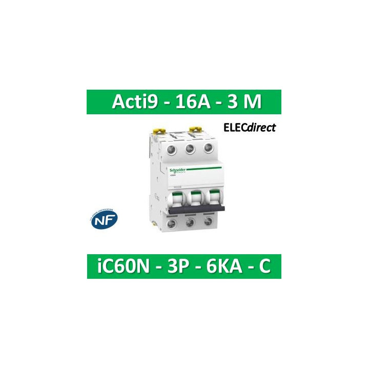 Schneider - Acti9 - iC60N - Disjoncteur - 3P - 16A - 6kA - courbe C - Réf : A9F77316