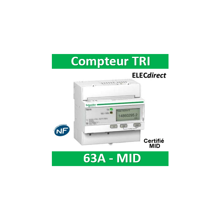 Schneider - Compteur d'énergie - TRI IEM3110 - 63A - impulsion - SCHA9MEM3110 - Acti 9 - MID