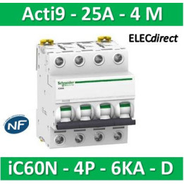 Schneider - Acti9 - iC60N - Disjoncteur - 4P - 25A - 6kA - courbe D - Réf : A9F75425