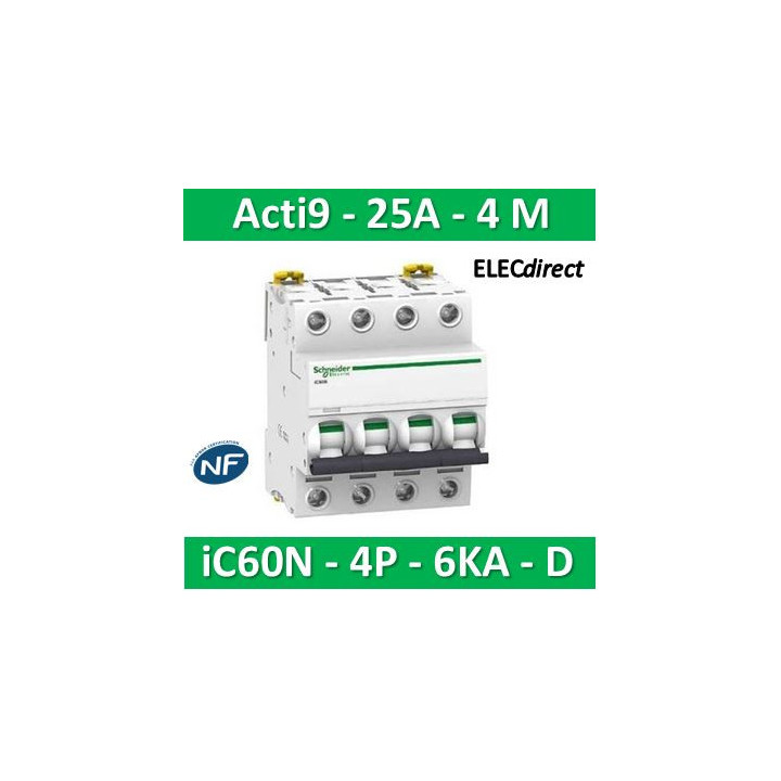 Schneider - Acti9 - iC60N - Disjoncteur - 4P - 25A - 6kA - courbe D - Réf : A9F75425