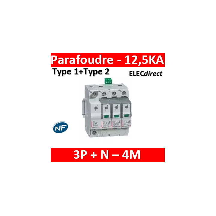 Legrand - Parafoudre  typeT1 + typeT2 Iimp 12,5kA/pôle - 4P - 4 modules - 412275