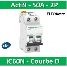 Schneider - Acti9 - iC60N - Disjoncteur - 2P - 50A - 6kA - courbe D - Réf : A9F75250