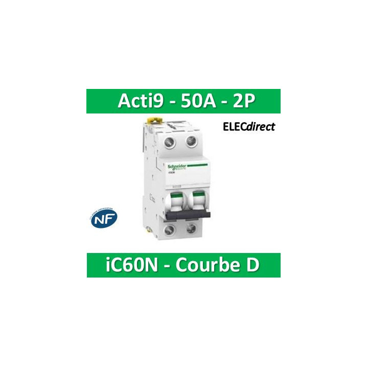 Schneider - Acti9 - iC60N - Disjoncteur - 2P - 50A - 6kA - courbe D - Réf : A9F75250