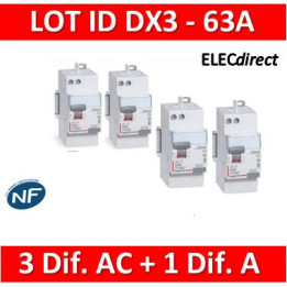 LEGRAND - LOT de 4 inter différentiels DX3 - (3 - ID 2x63A 30mA AC - ID 2x63A 30mA A) 411650x3 + 411651