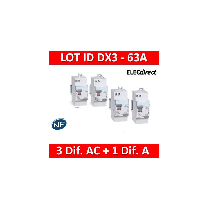 LEGRAND - LOT de 4 inter différentiels DX3 - (3 - ID 2x63A 30mA AC - ID 2x63A 30mA A) 411650x3 + 411651