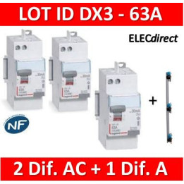 LEGRAND - LOT de 3 inter différentiels DX3 - (2 - ID 2x63A 30mA AC - ID 2x63A 30mA A) + Peigne 3R - 405001 + 411651 + 411650 X 2