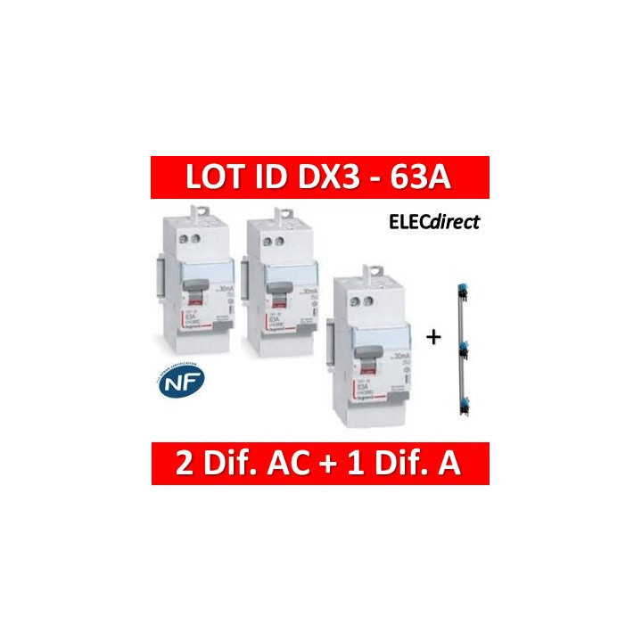 LEGRAND - LOT de 3 inter différentiels DX3 - (2 - ID 2x63A 30mA AC - ID 2x63A 30mA A) + Peigne 3R - 405001 + 411651 + 411650 X 2