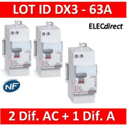 LEGRAND - LOT de 3 inter différentiels DX3 - (2 - ID 2x63A 30mA AC - ID 2x63A 30mA A) 411650x2 + 411651