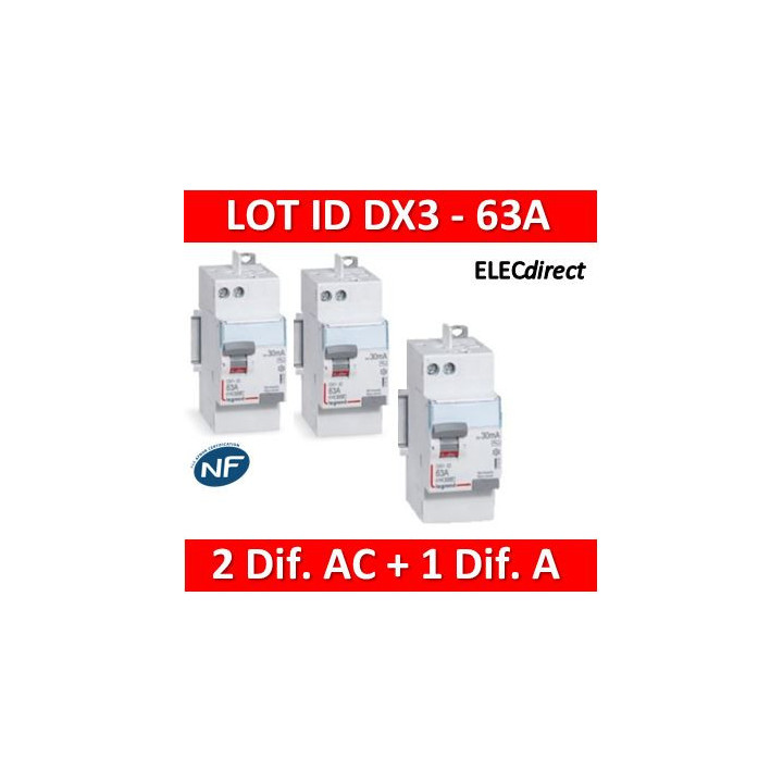 LEGRAND - LOT de 3 inter différentiels DX3 - (2 - ID 2x63A 30mA AC - ID 2x63A 30mA A) 411650x2 + 411651