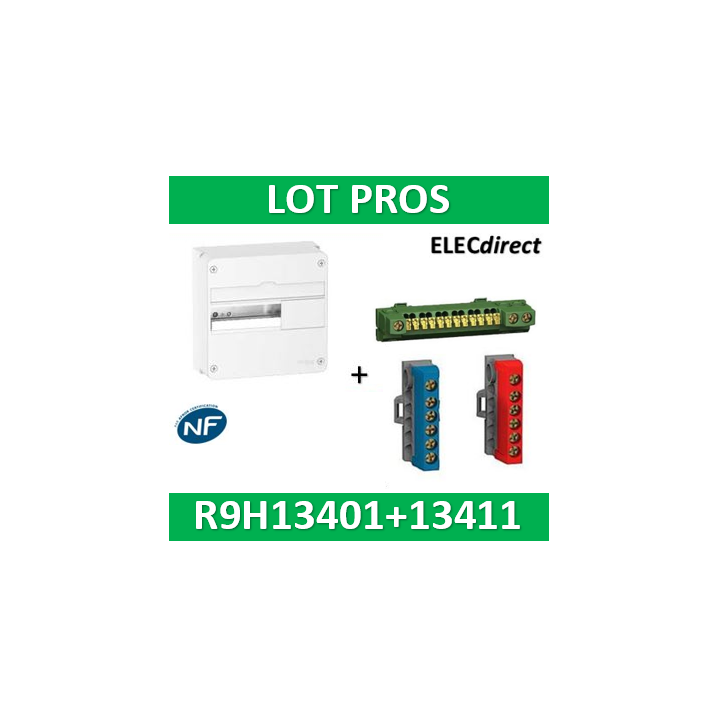 Schneider - LOT - Coffret RESI9 1R 13M + Bornier isolé Ph et N 7 trous (6x16mm2) - R9H13401+R9H13411