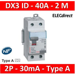 Legrand - DX3 - Interrupteur Différentiel  - 2P - 40A - 30mA  - Type A - Réf : 411555