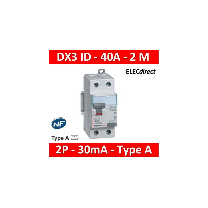Legrand - DX3 - Interrupteur Différentiel  - 2P - 40A - 30mA  - Type A - Réf : 411555