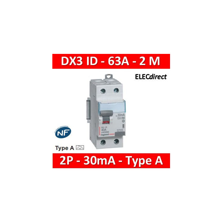 Legrand - DX3 - Interrupteur Différentiel  - 2P - 63A - 30mA  - Type A - Réf : 411556