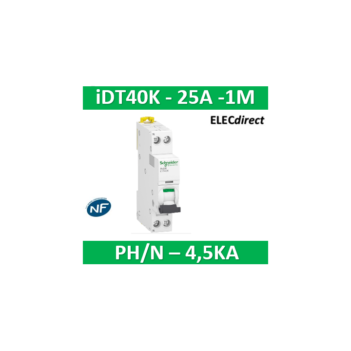 SCHNEIDER - Acti9 iDT40K - disjoncteur modulaire - 1P+N - 25A - courbe C - 4500A/4,5kA - A9P71625