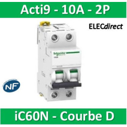Schneider - Acti9 - iC60N - Disjoncteur - 2P - 10A - 6kA - courbe D - Réf : A9F75210