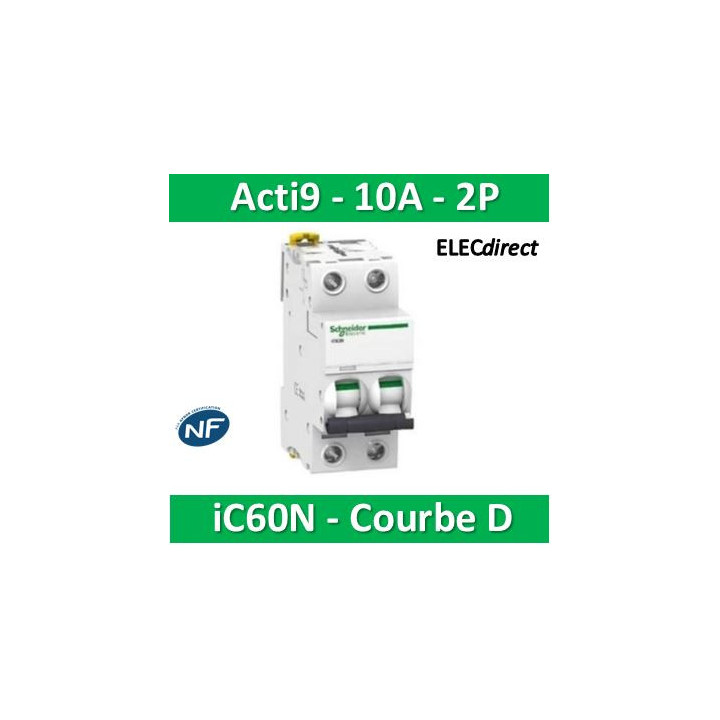 Schneider - Acti9 - iC60N - Disjoncteur - 2P - 10A - 6kA - courbe D - Réf : A9F75210