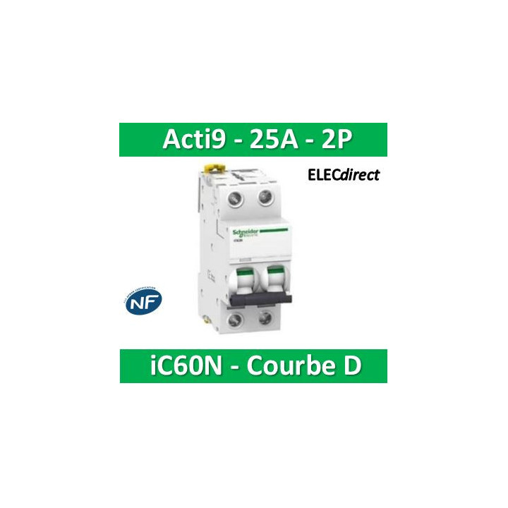 Schneider - Acti9 - iC60N - Disjoncteur - 2P - 25A - 6kA - courbe D - Réf : A9F75225