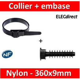 Ram - Collier de fixation nylon - noir - 360x9 + Embase D.8mm - Collier x100 (59136) +Embase x100 (59230)