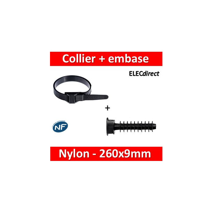 Ram - Collier de fixation nylon - noir - 260x9 (59126) + Embase D.8mm - Collier x100+Embase x100 (59230)