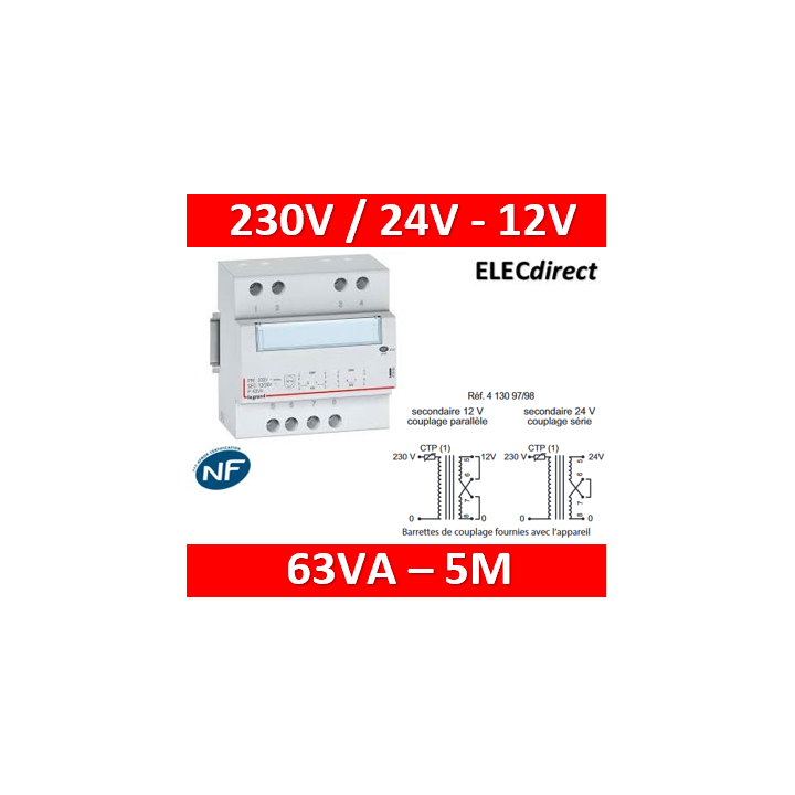 Legrand - Transformateur de sécurité - 230 V / 12 ou 24 V - 63 VA - Réf : 413098