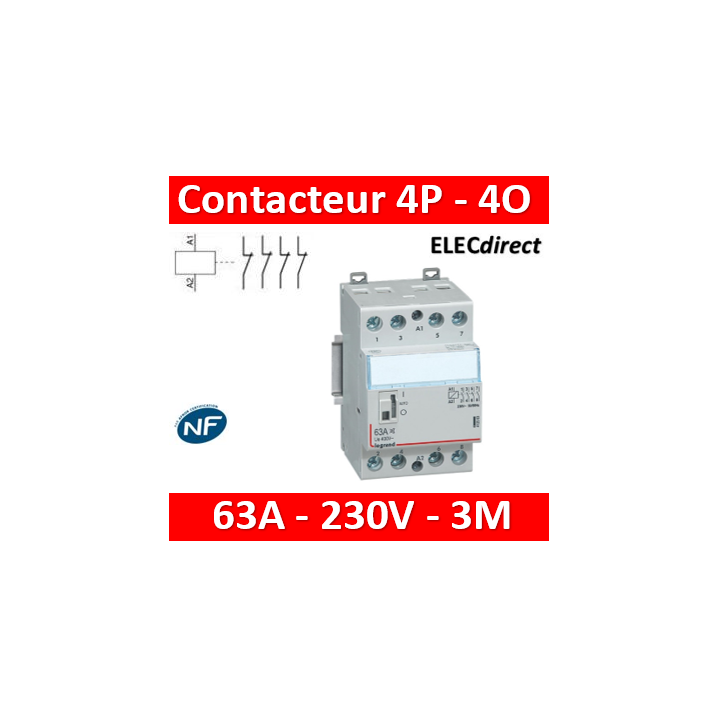 Legrand - Contacteur de puissance bobine 230 V~ - 4P - 250 V~ - 63 A - 4O - 3 mod - 412557