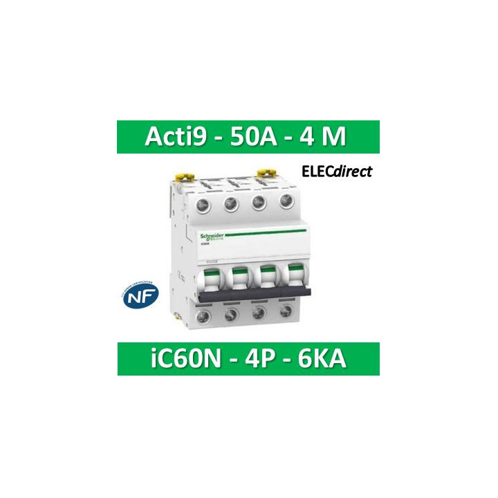 Schneider - Acti9 - iC60N - Disjoncteur - 4P - 50A - 6kA - courbe C - Réf : A9F77450
