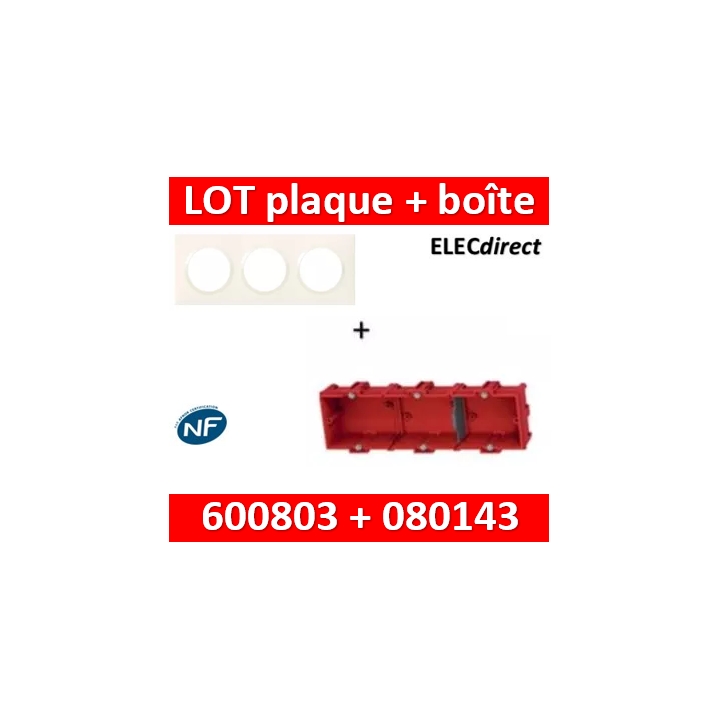 Legrand Dooxie - Plaque 3 postes + Boîte Batibox à sceller Legrand 3 postes - Hor/vert - 600803+080143
