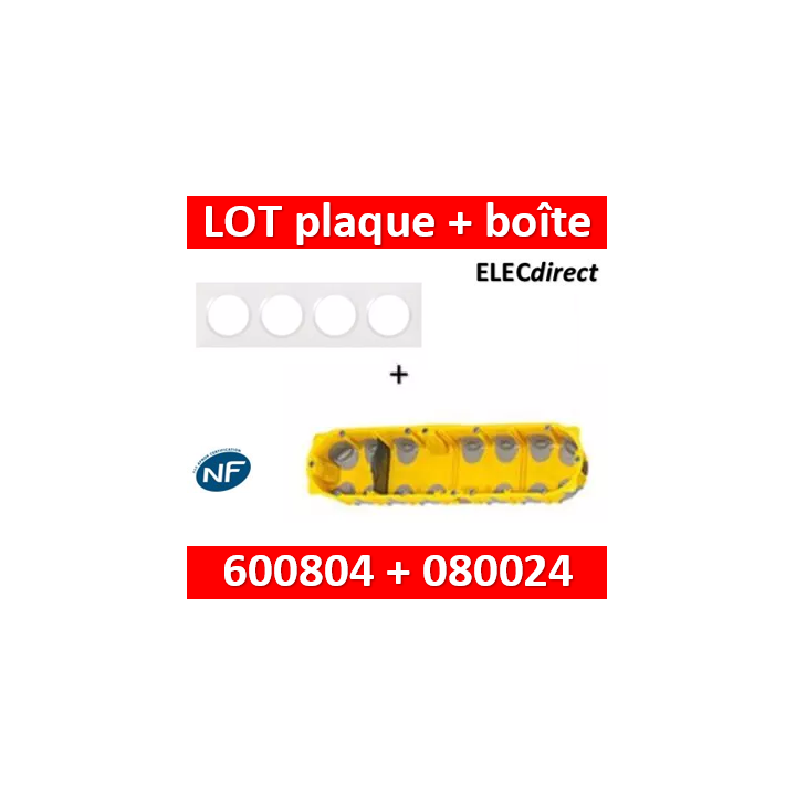 Legrand Dooxie - Plaque 4 postes + Boîte Batibox BBC Legrand 4 postes - Hor/vert - 600804+080024