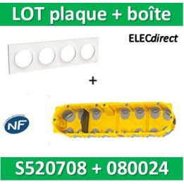 Schneider Odace - Plaque 4 postes + Boîte batibox BBC Legrand 4 postes - Hor/vert - s520708+080024