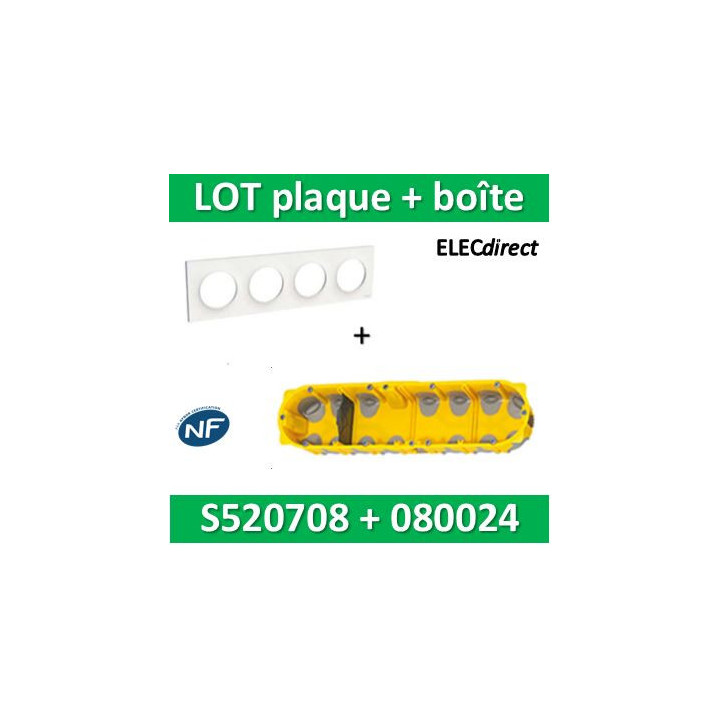 Schneider Odace - Plaque 4 postes + Boîte batibox BBC Legrand 4 postes - Hor/vert - s520708+080024