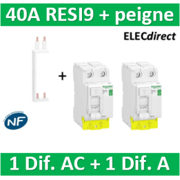 SCHNEIDER - DIF. XP RESI9 + peigne - (1 - ID 2x40A 30mA AC/1 - ID 2x40A 30mA A) - R9PRA240+R9PRC240+R9PXV