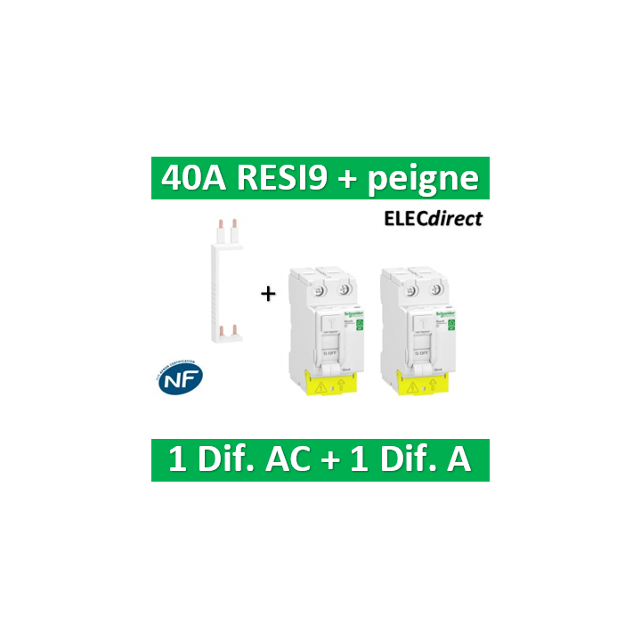 SCHNEIDER - DIF. XP RESI9 + peigne - (1 - ID 2x40A 30mA AC/1 - ID 2x40A 30mA A) - R9PRA240+R9PRC240+R9PXV