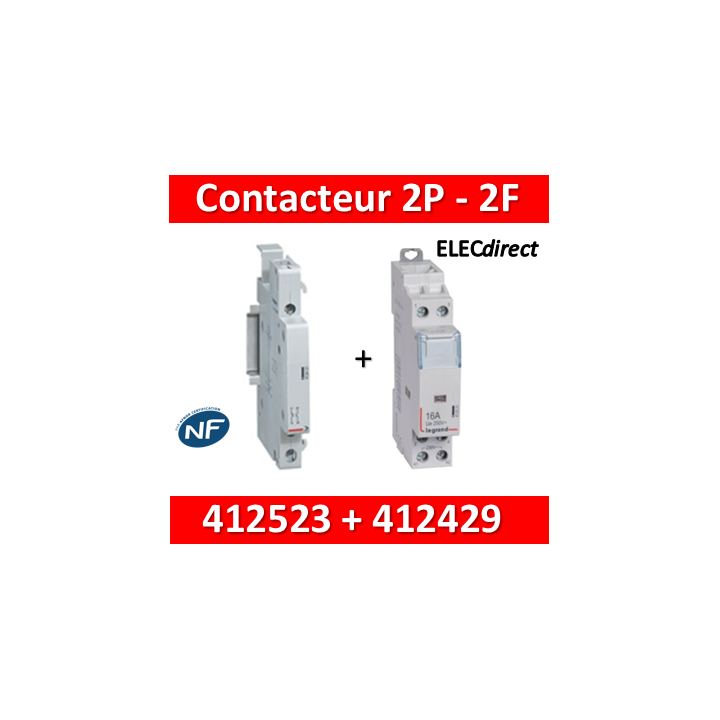 Legrand - Contacteur de puissance 2P bobine 230V - 25A - 2F + auxiliaire - 412523 + 412429