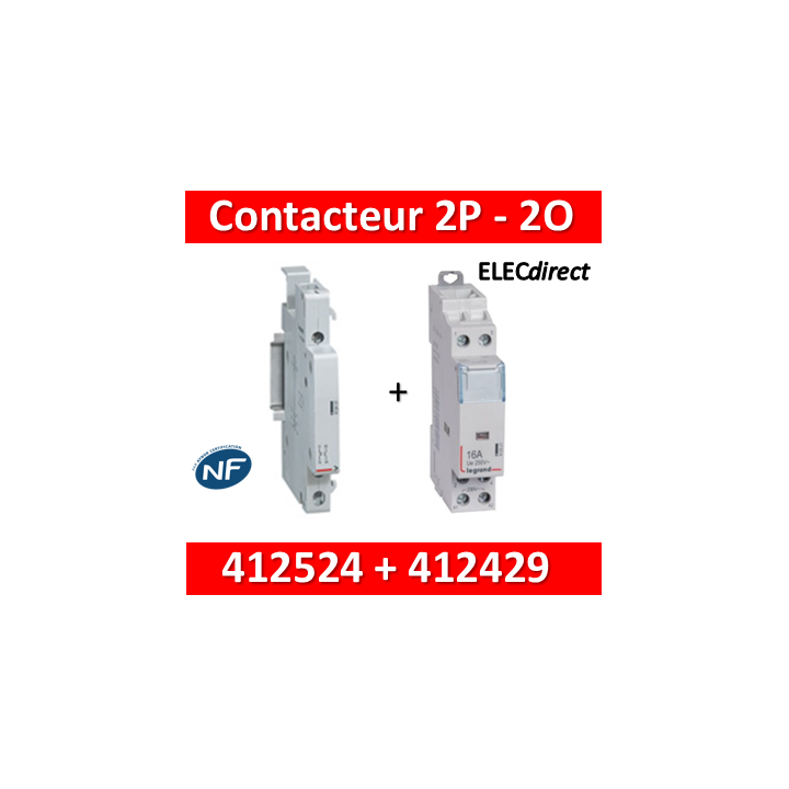 Legrand - Contacteur de puissance 2P bobine 230V - 25A - 2O + auxiliaire - 412524 + 412429