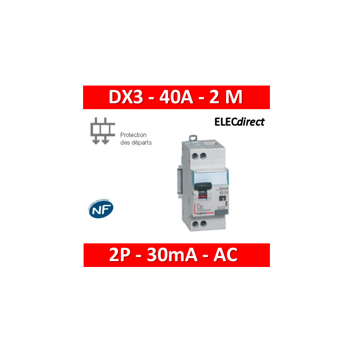 LEGRAND - Disjoncteur différentiel DX3 P+N - 40A - 30mA - AC - Réf : 410709
