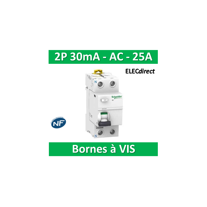 SCHNEIDER - Interrupteur Différentiel 2P - 25A - 30mA - AC - A9R11225