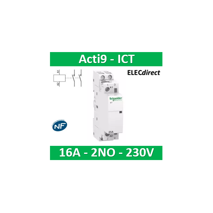 Schneider - Acti9 - Contacteur iCT - 16A - 2NO - 230/240V - 50Hz - Réf : A9C22712