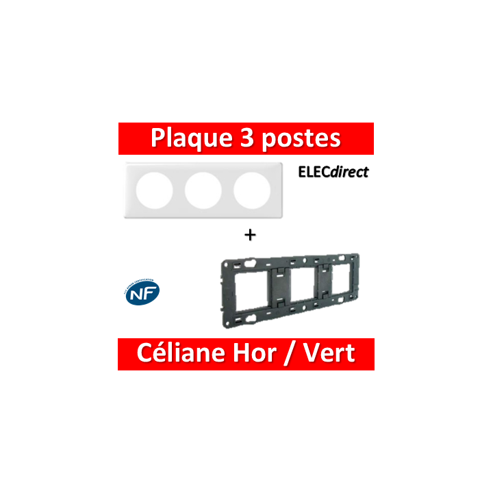 Legrand Céliane - Plaque de finition 3 postes + support - Blanc - 066633+080253