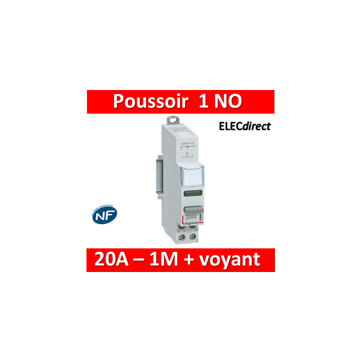 Legrand - Inter à Poussoir 20A double fonction - 250V - 1 NO + voyant vert - 412914
