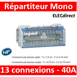 Legrand - Répartiteur MONO - 13 connexions - 6 modules - 40A - 004881