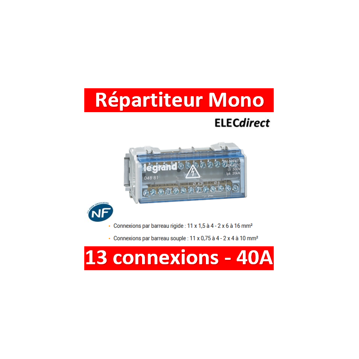 Legrand - Répartiteur MONO - 13 connexions - 6 modules - 40A - 004881