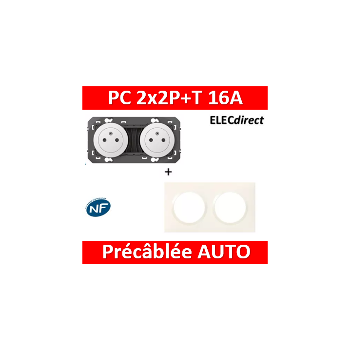 Legrand Dooxie - Prise de courant 2x2P+T 16A pré-câblé + plaque - Blanc - 600332-600802