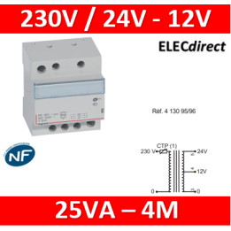 Legrand - Transformateur de sécurité - 230 V / 12 ou 24 V - 25 VA - 413096