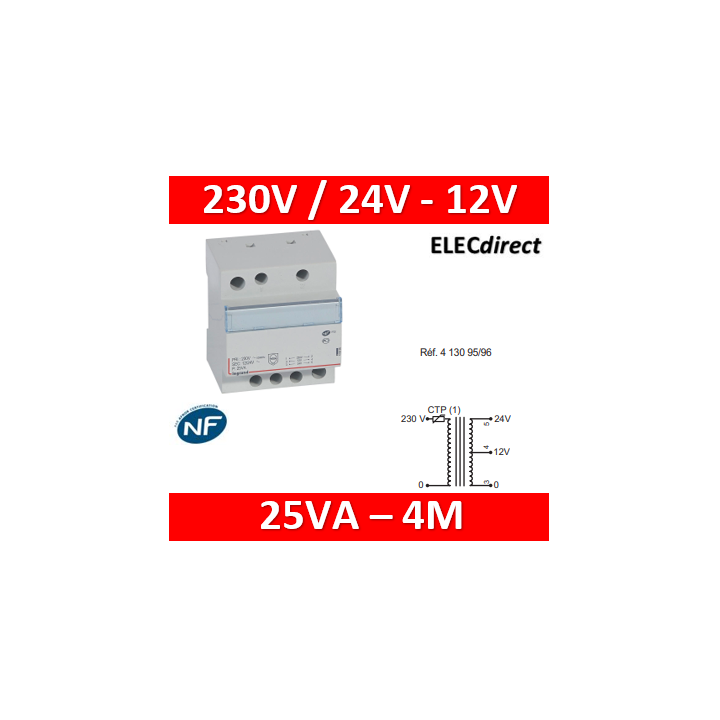 Legrand - Transformateur de sécurité - 230 V / 12 ou 24 V - 25 VA - 413096