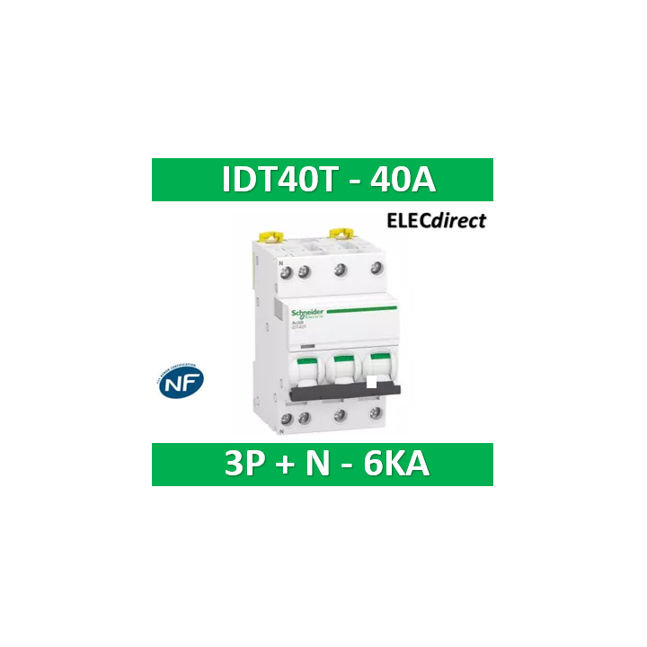 Schneider - Acti9 iDT40T - disjoncteur modulaire - 3P+N - 40A - courbe C - 4500A/6kA - A9P22740