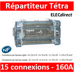 Legrand - Répartiteur TÉTRAPOLAIRE 15 connexions - 10 modules - 160A - 004879